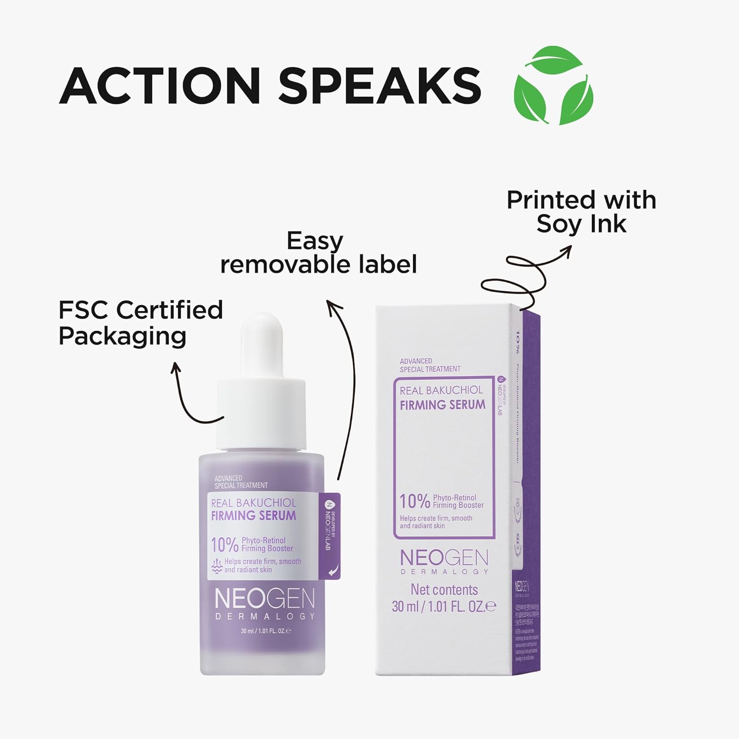 Neogen Real Squalane Firming Serum with packaging and sustainability features highlighted.