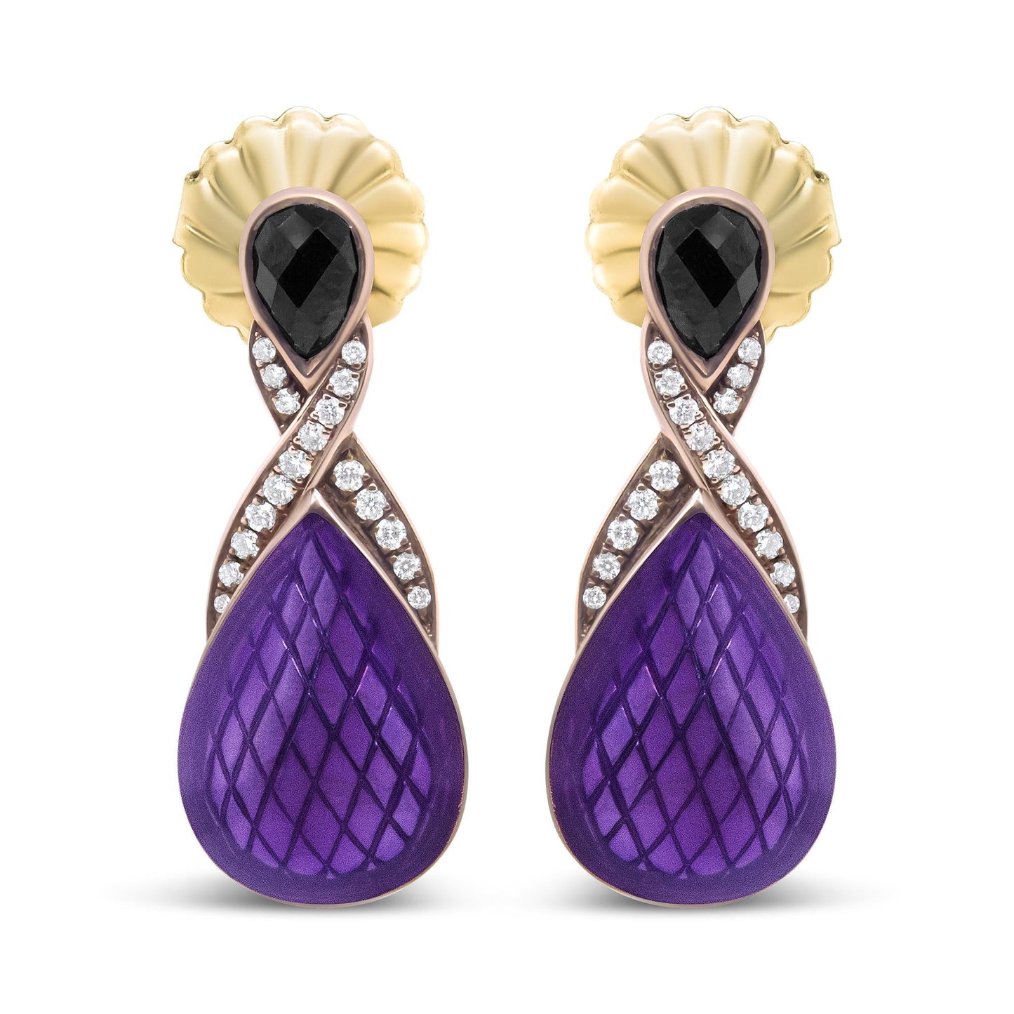 18K Rose Gold Flash Plated .925 Sterling Silver Purple Enamel 1/5 Cttw Round Pave-Set Diamond and 5.5 x 4mm Pear-Shaped Black Onyx Drop Earrings (F-G Color, VS1-VS2 Clarity)-0