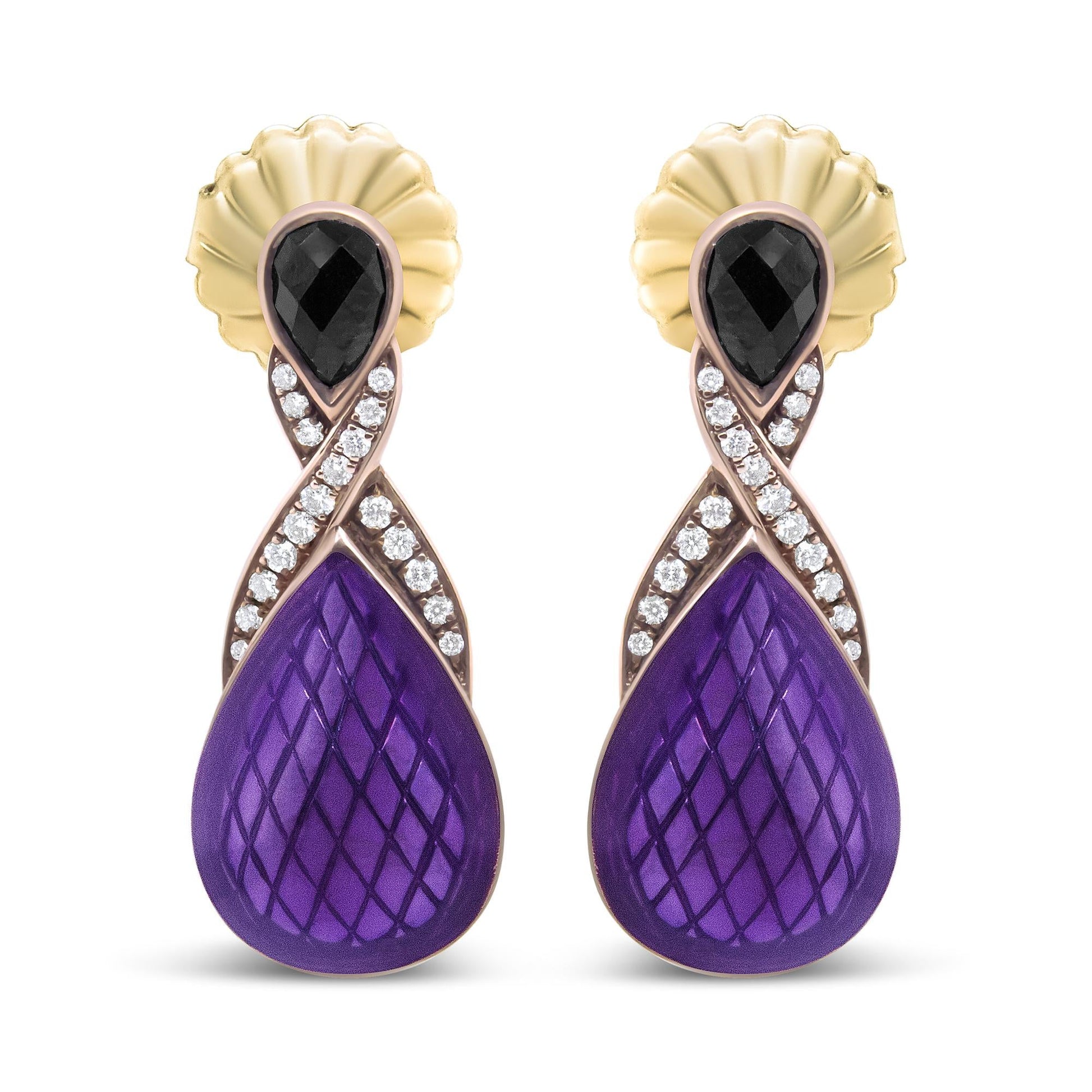 18K Rose Gold Flash Plated .925 Sterling Silver Purple Enamel 1/5 Cttw Round Pave-Set Diamond and 5.5 x 4mm Pear-Shaped Black Onyx Drop Earrings (F-G Color, VS1-VS2 Clarity)-0