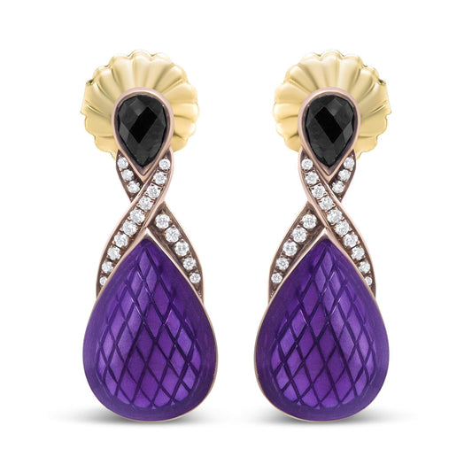18K Rose Gold Flash Plated .925 Sterling Silver Purple Enamel 1/5 Cttw Round Pave-Set Diamond and 5.5 x 4mm Pear-Shaped Black Onyx Drop Earrings (F-G Color, VS1-VS2 Clarity)-0