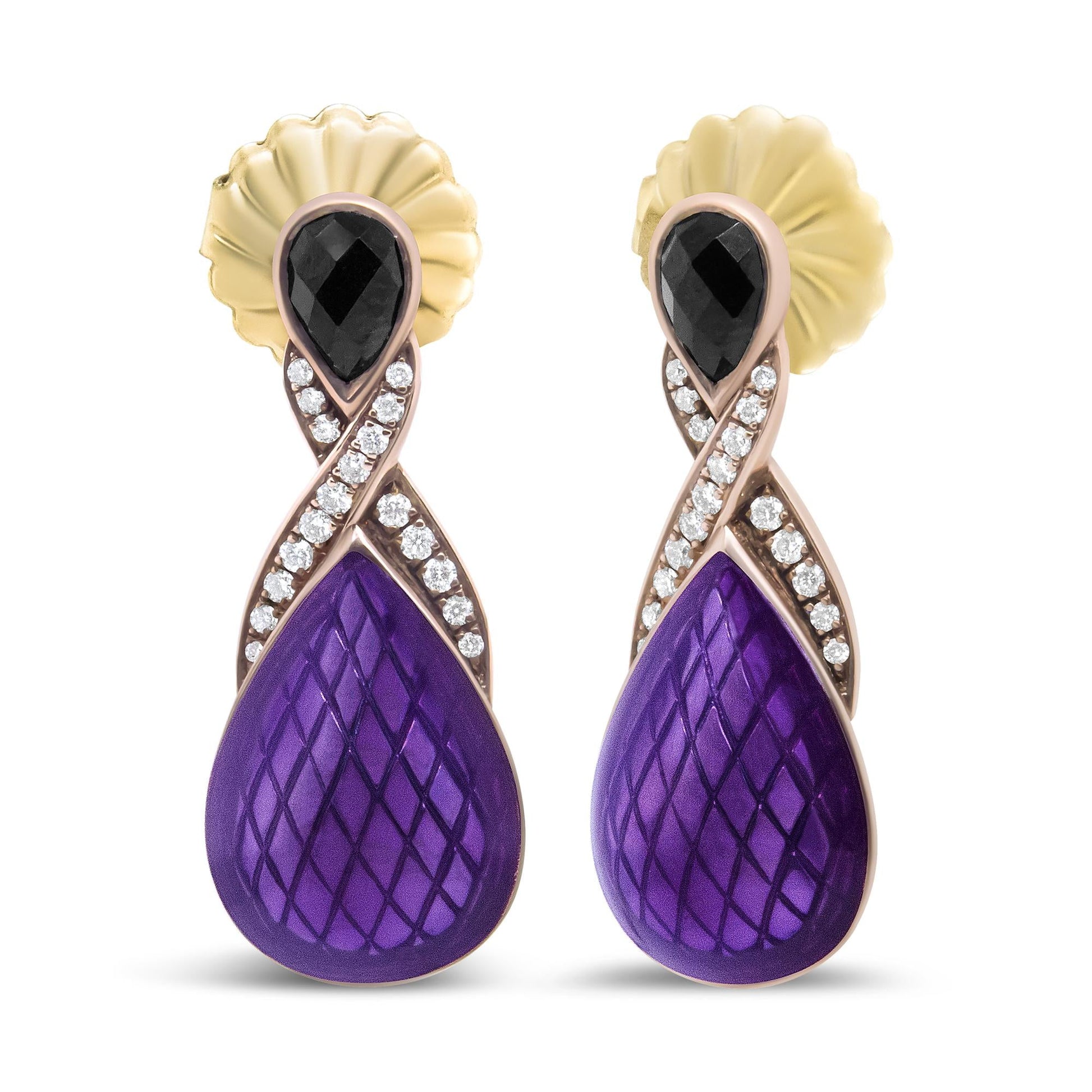 18K Rose Gold Flash Plated .925 Sterling Silver Purple Enamel 1/5 Cttw Round Pave-Set Diamond and 5.5 x 4mm Pear-Shaped Black Onyx Drop Earrings (F-G Color, VS1-VS2 Clarity)-1