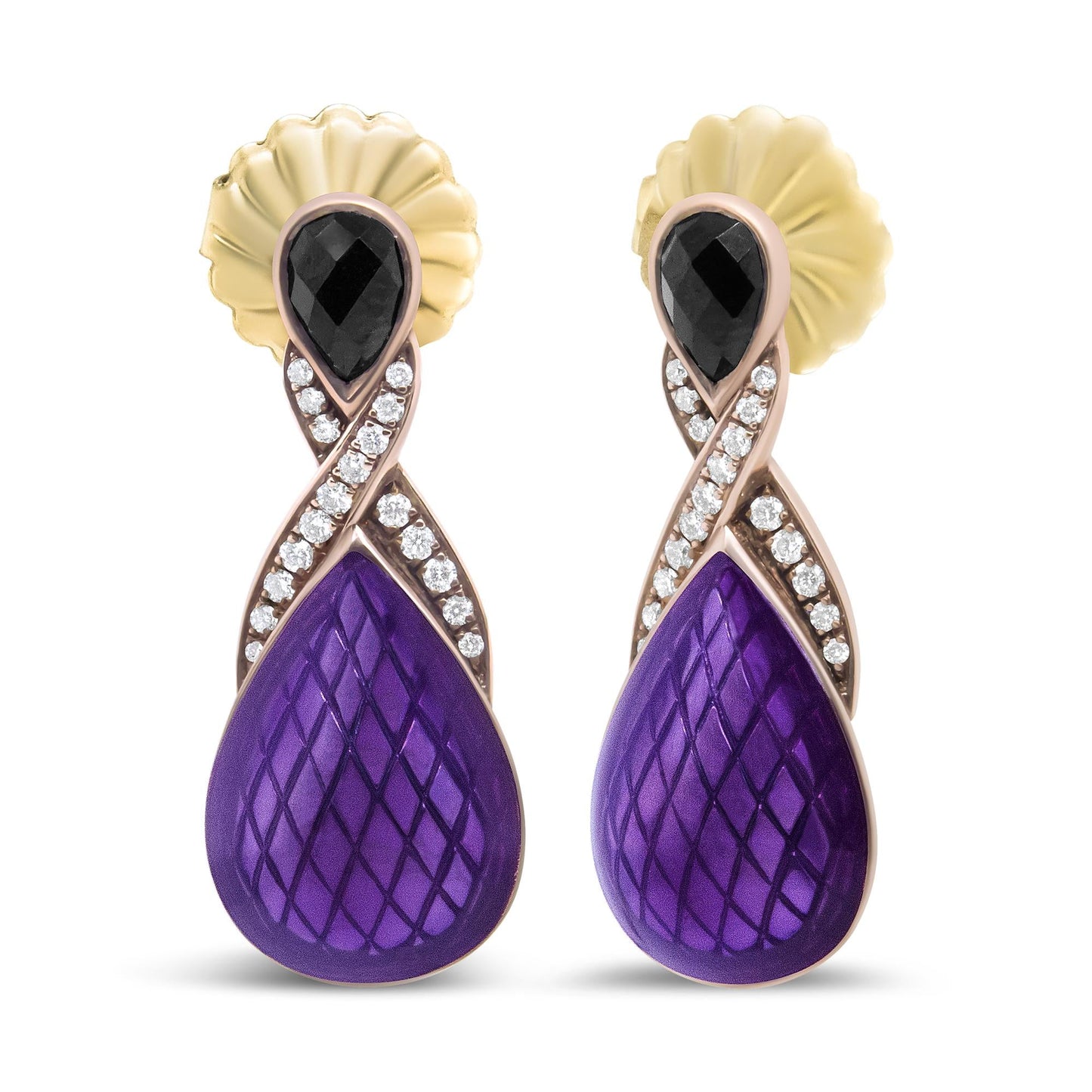 18K Rose Gold Flash Plated .925 Sterling Silver Purple Enamel 1/5 Cttw Round Pave-Set Diamond and 5.5 x 4mm Pear-Shaped Black Onyx Drop Earrings (F-G Color, VS1-VS2 Clarity)-1