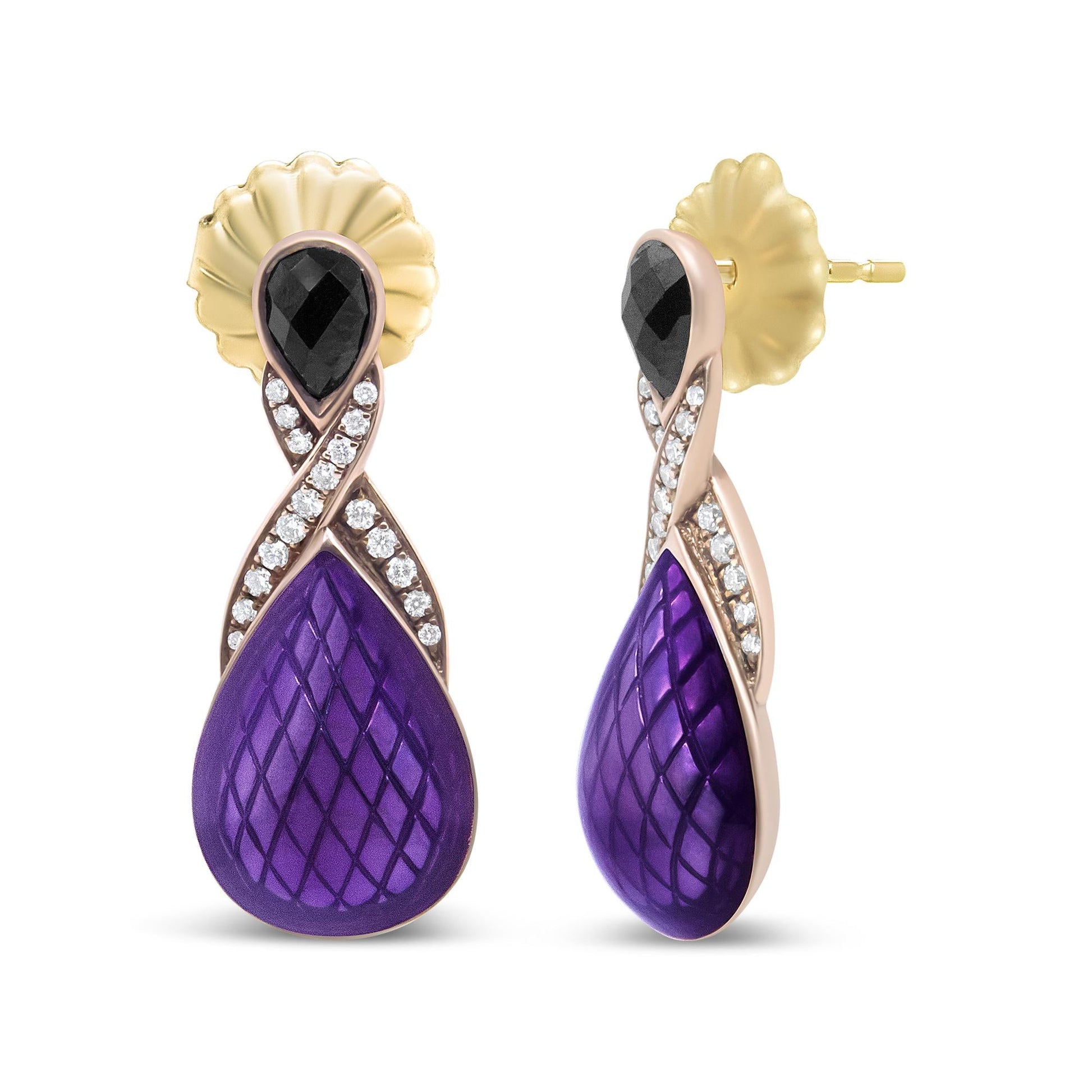 18K Rose Gold Flash Plated .925 Sterling Silver Purple Enamel 1/5 Cttw Round Pave-Set Diamond and 5.5 x 4mm Pear-Shaped Black Onyx Drop Earrings (F-G Color, VS1-VS2 Clarity)-3