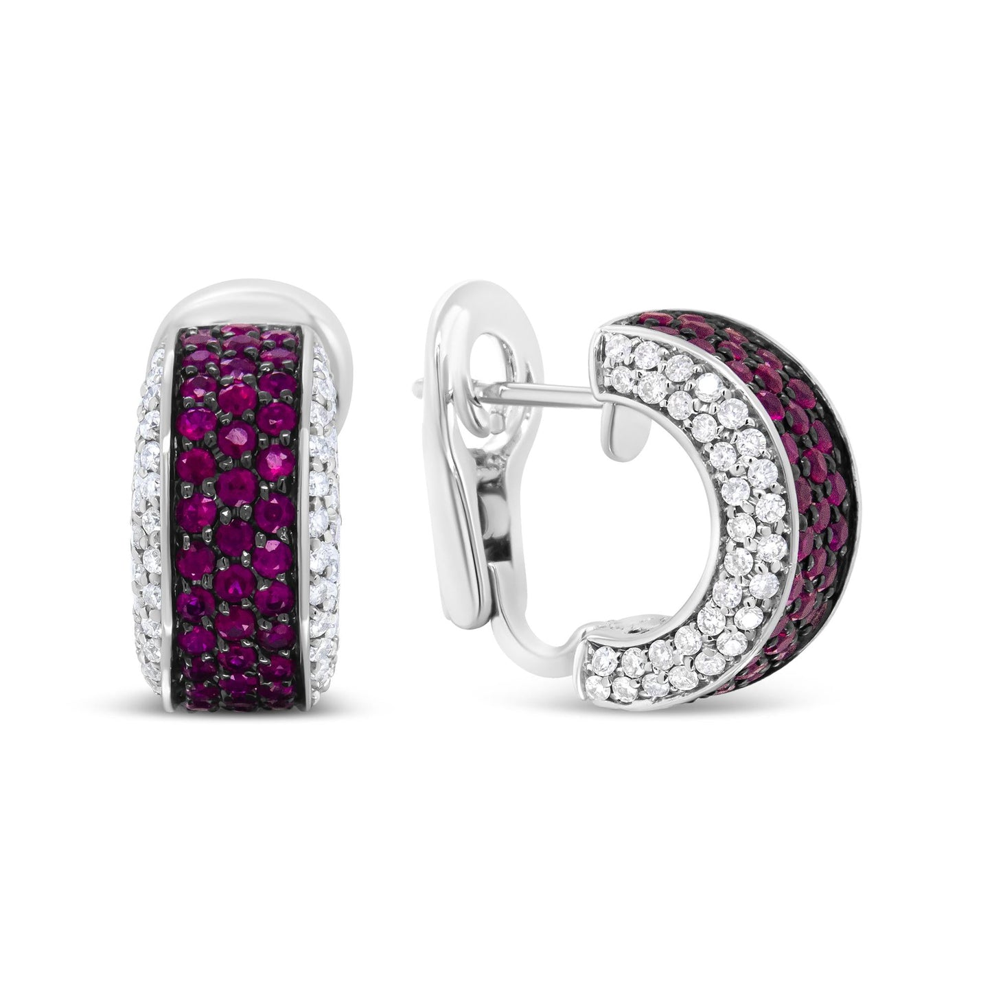 18K White Gold and Black Rhodium Plated 3/4 Cttw Round Diamonds and 1mm Round Red Ruby Huggie Hoop Earrings (F-G Color, VS1-VS2 Clarity)-3