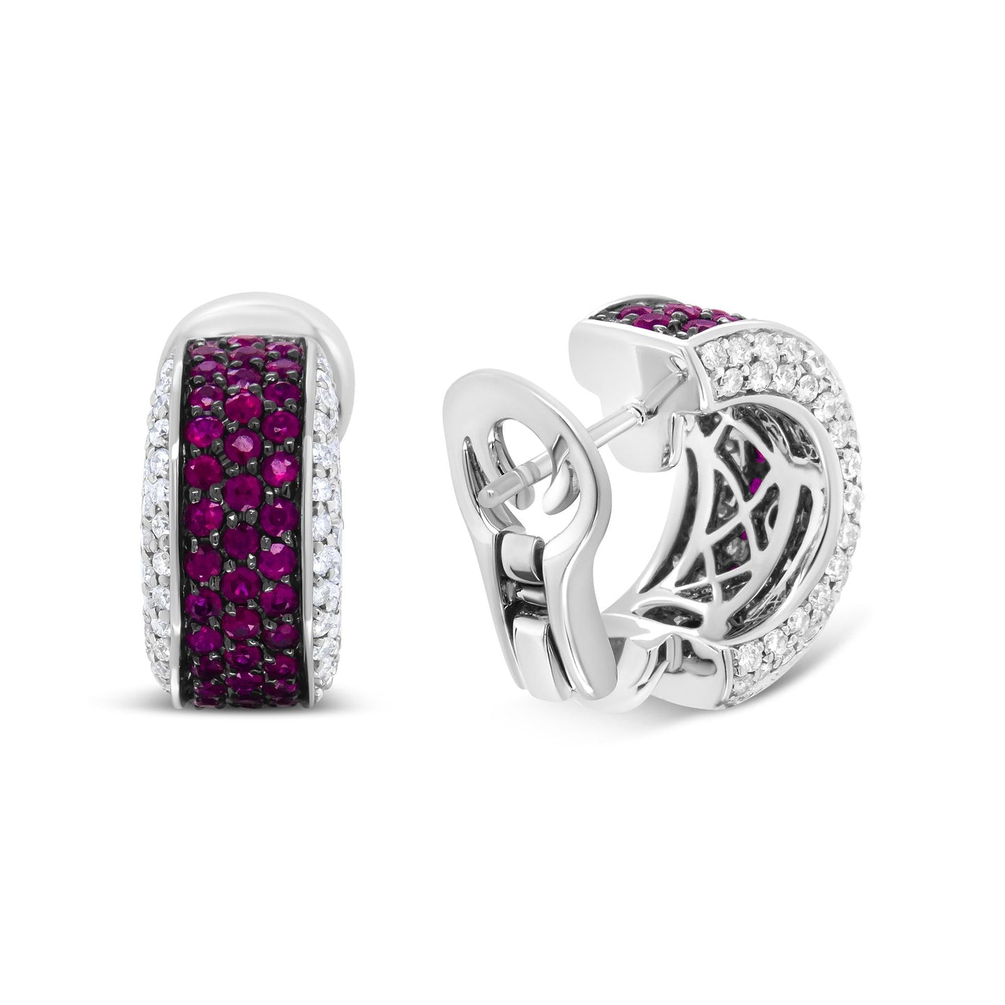 18K White Gold and Black Rhodium Plated 3/4 Cttw Round Diamonds and 1mm Round Red Ruby Huggie Hoop Earrings (F-G Color, VS1-VS2 Clarity)-4