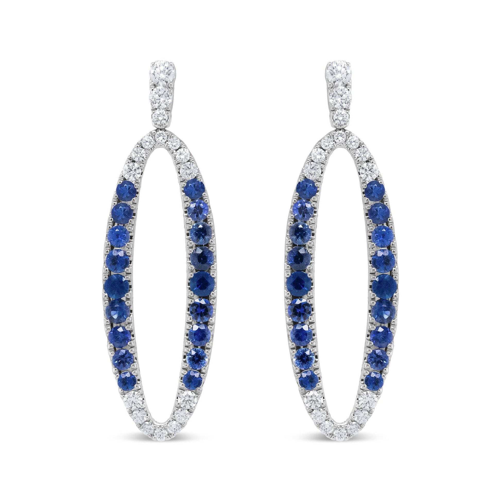 18K White Gold 1.11 Cttw Blue Round Diamond and Blue Sapphire Openwork Oval Shaped Dangle Earrings (F-G Color, VS1-VS2 Clarity)-0
