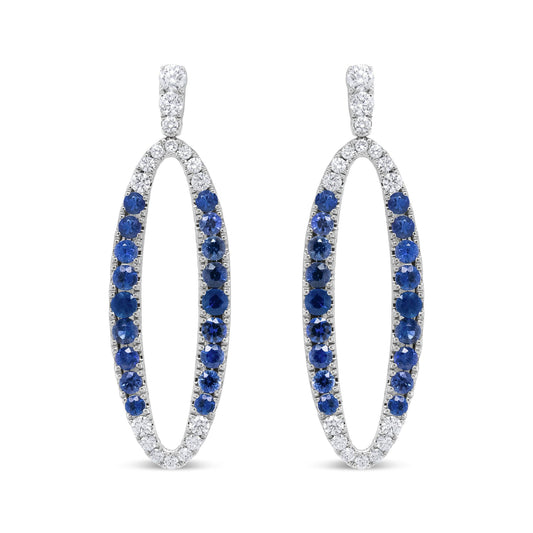 18K White Gold 1.11 Cttw Blue Round Diamond and Blue Sapphire Openwork Oval Shaped Dangle Earrings (F-G Color, VS1-VS2 Clarity)-0