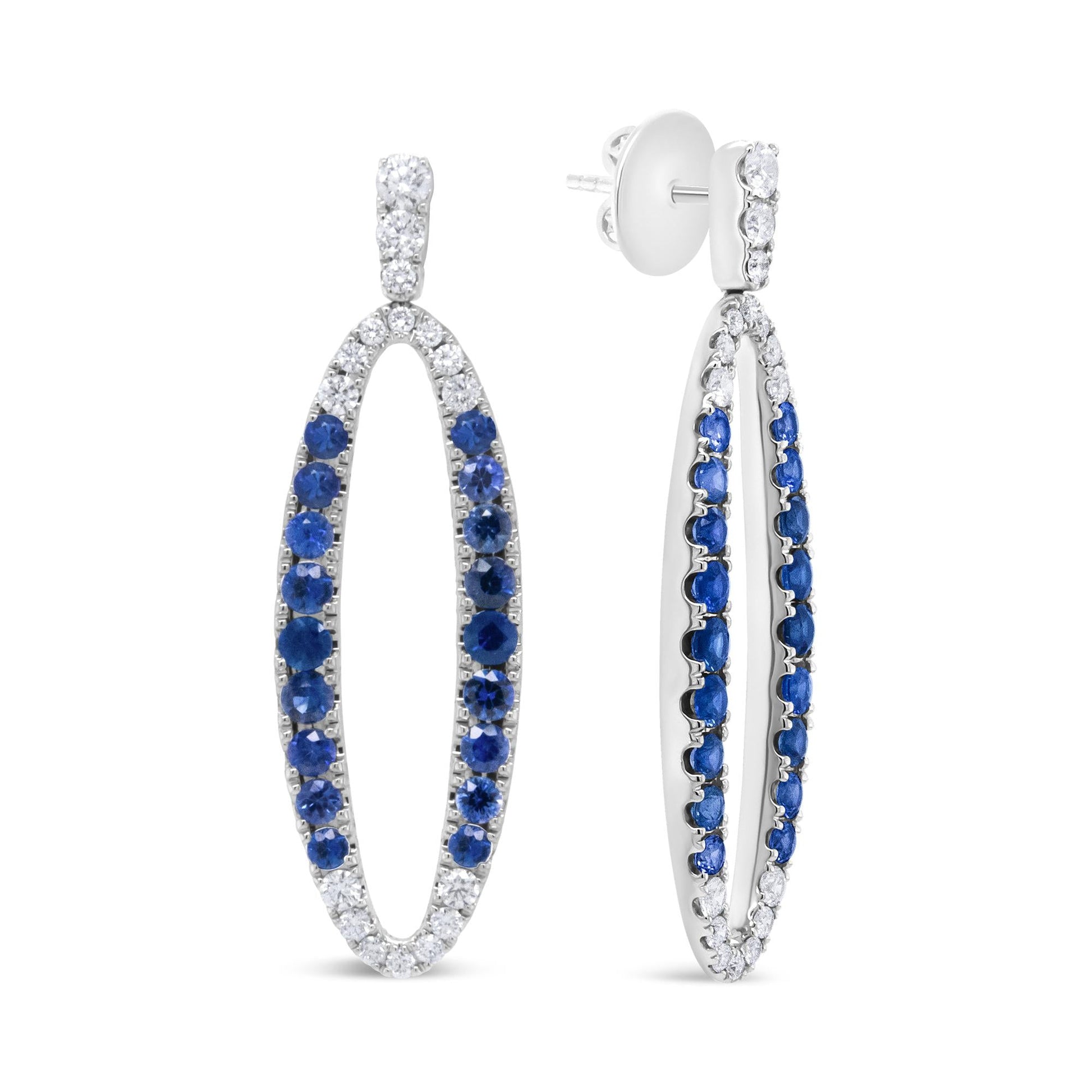 18K White Gold 1.11 Cttw Blue Round Diamond and Blue Sapphire Openwork Oval Shaped Dangle Earrings (F-G Color, VS1-VS2 Clarity)-3