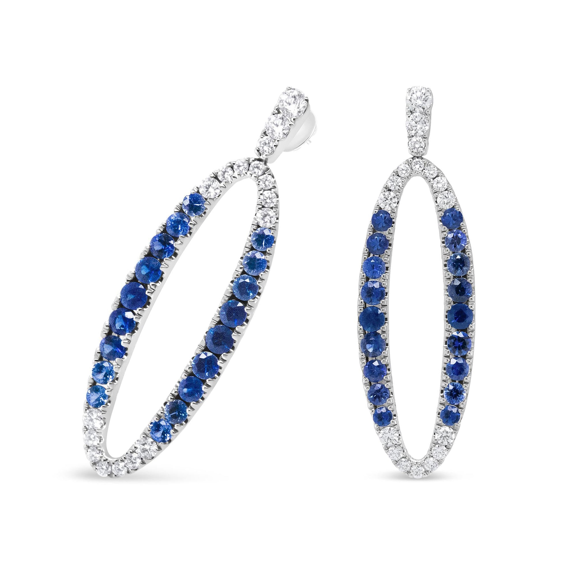 18K White Gold 1.11 Cttw Blue Round Diamond and Blue Sapphire Openwork Oval Shaped Dangle Earrings (F-G Color, VS1-VS2 Clarity)-4
