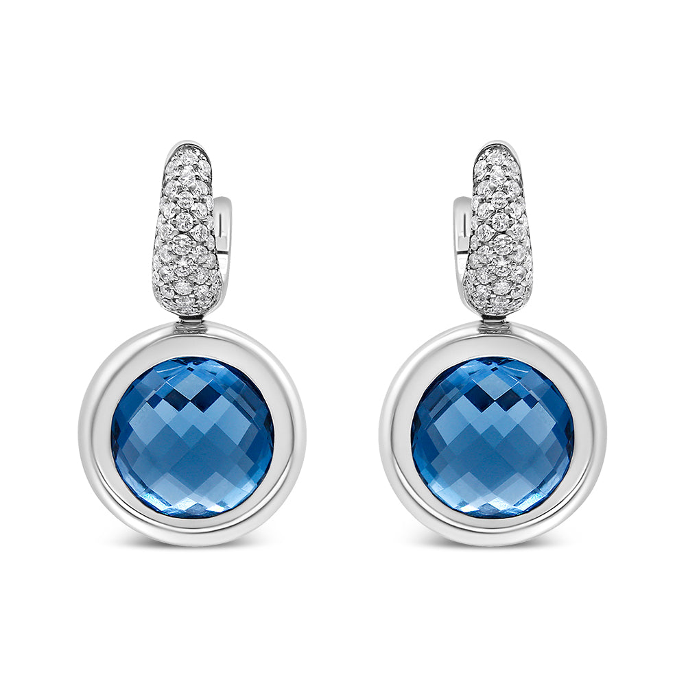 18K White Gold Bezel Set 11mm Blue Topaz and 1/2 Cttw Invisible Set Diamond Bale Dangle Earrings (F-G Color, VS1-VS2 Clarity)-0