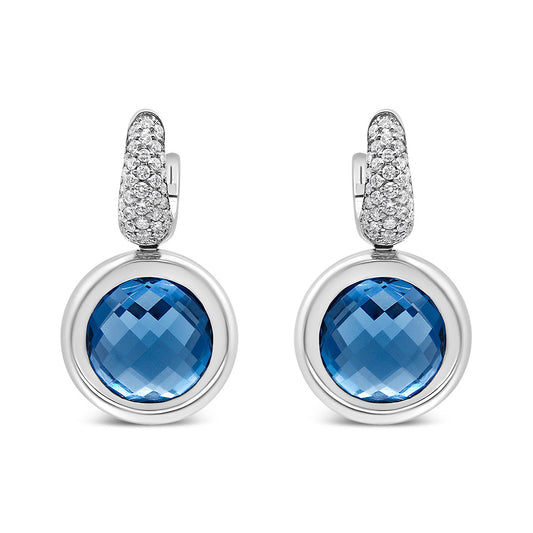 18K White Gold Bezel Set 11mm Blue Topaz and 1/2 Cttw Invisible Set Diamond Bale Dangle Earrings (F-G Color, VS1-VS2 Clarity)-0