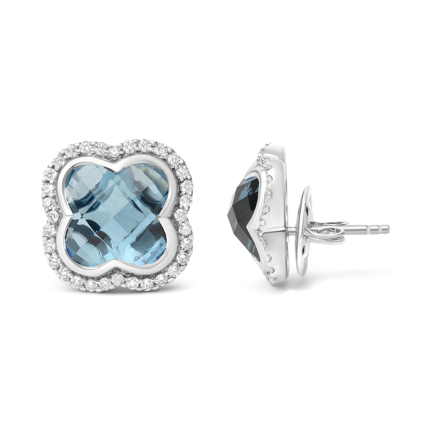 18K White Gold 3/8 Cttw Diamond and 11x11mm Clover-Cut London Blue Topaz Gemstone Halo Clover Stud Earrings (G-H Color, SI1-SI2 Clarity)-3