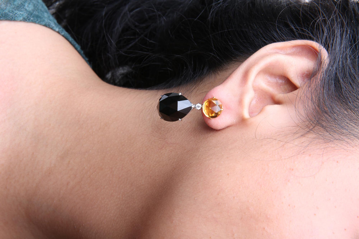 18K White and Yellow Gold 1/5 Cttw Diamond with Round Yellow Citrine and 20x15mm Pear Cut Black Onyx Gemstone Dangle Earring (G-H Color, SI1-SI2 Clarity)-2
