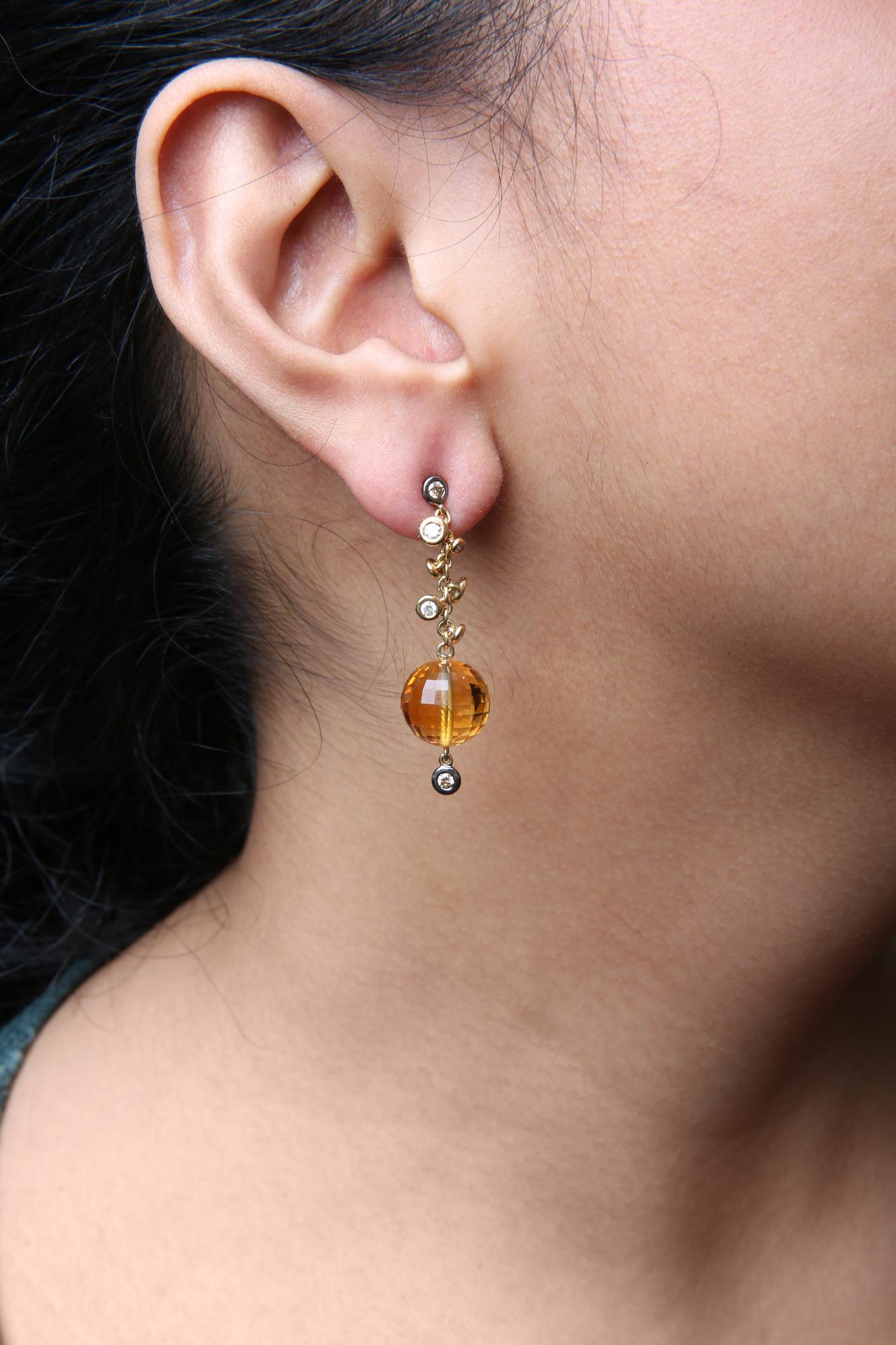 18K Yellow Gold 2/3 Cttw Round Bezel Diamond and 25mm Ball Shaped Yellow Citrine Gemstone Dangle Stud Earring (Brown and G-H Color, SI1-SI2 Clarity)-2