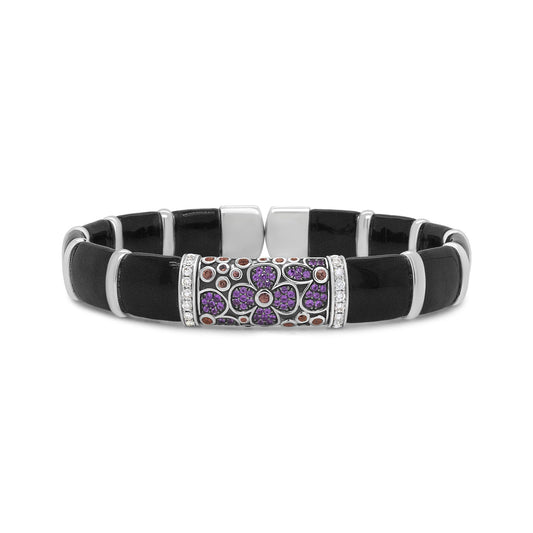 .925 Sterling Silver Black and Brown Enamel 1/3 Cttw Round Diamonds and Pink and Orange Sapphire Gemstones Floral Statement Bangle Bracelet (F-G Color, VS1-VS2 Clarity) - Size 7.75"-0
