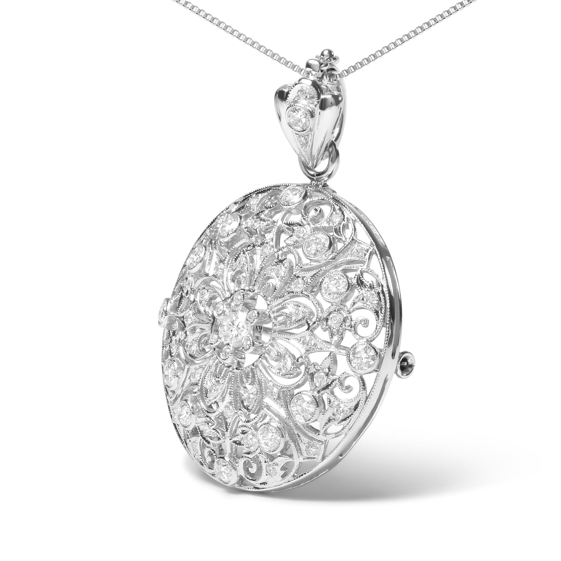 18K White Gold 1 5/6 Cttw Diamond Cluster Floral Filigree Brooch Pin and 18" Pendant Necklace (G-H Color, I1-I2 Clarity)-3