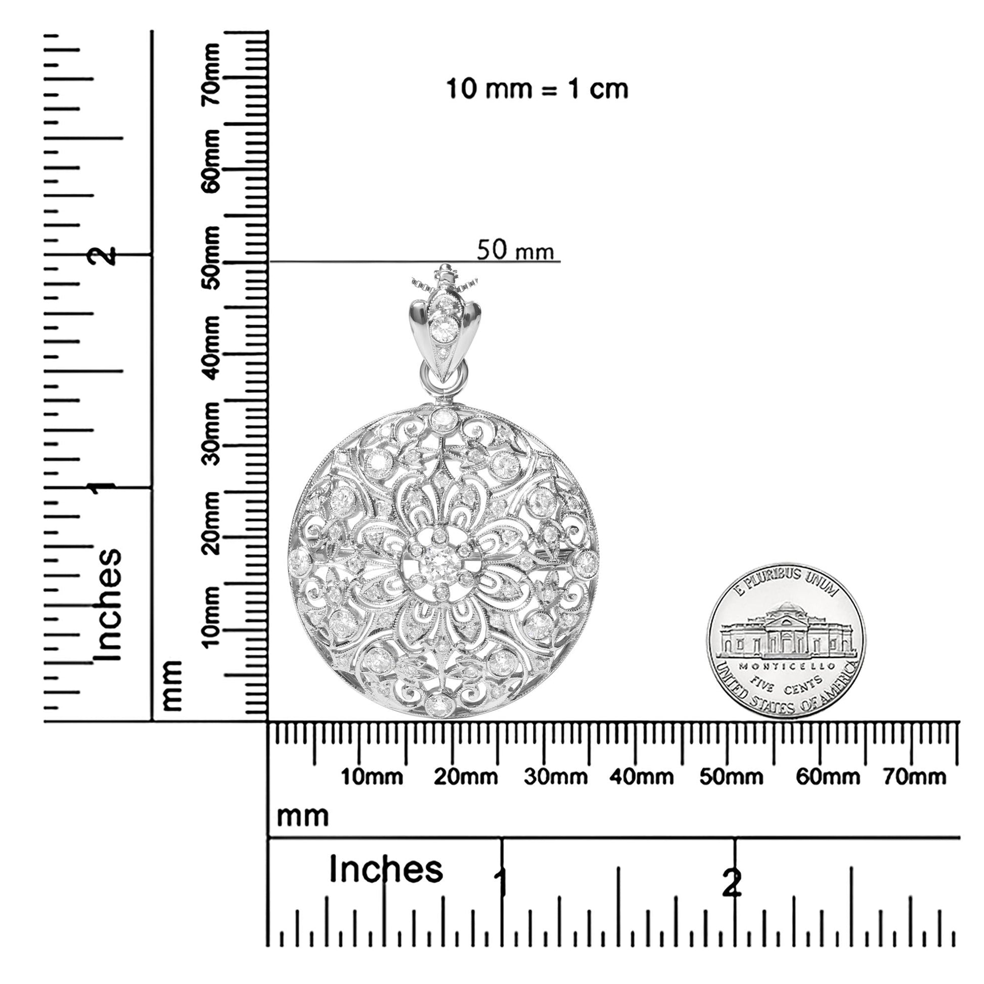 18K White Gold 1 5/6 Cttw Diamond Cluster Floral Filigree Brooch Pin and 18" Pendant Necklace (G-H Color, I1-I2 Clarity)-4