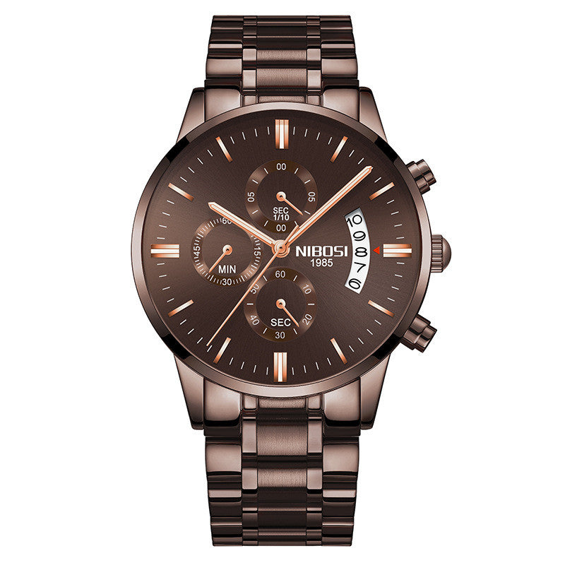 NIBOSI mens luxury watch with brown strap and face on a white background