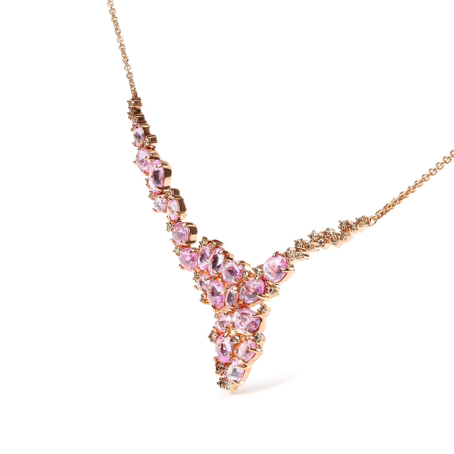 18K Rose Gold 1/2 Cttw Brown Diamond and Multi-Size Oval Pink Sapphire Cluster Cascade Statement Station Necklace (Brown Color, SI1-SI2 Clarity) - Adjustable up to 14" to 16"-3