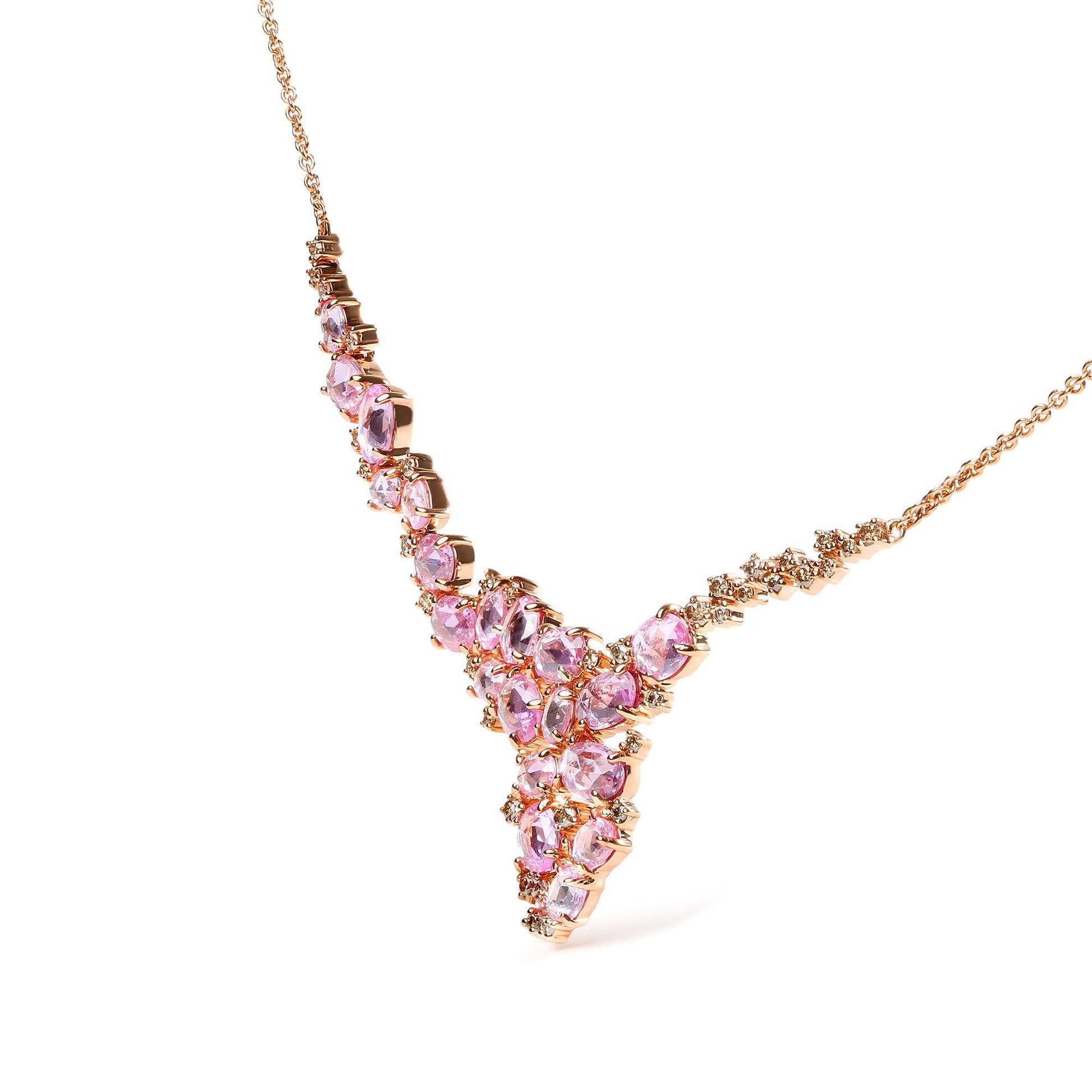 18K Rose Gold 1/2 Cttw Brown Diamond and Multi-Size Oval Pink Sapphire Cluster Cascade Statement Station Necklace (Brown Color, SI1-SI2 Clarity) - Adjustable up to 14" to 16"-3
