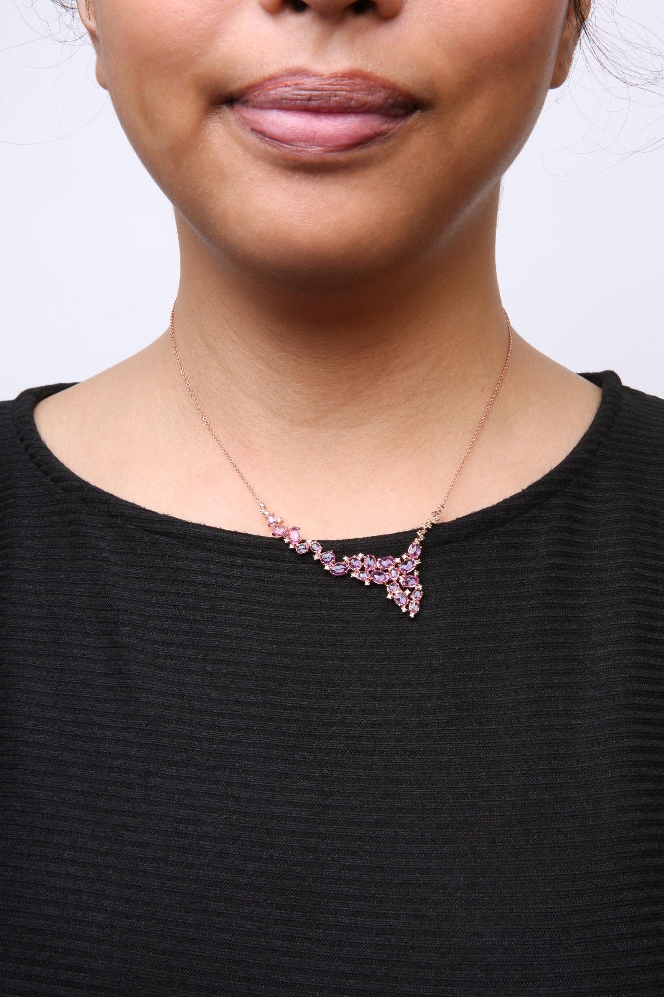 18K Rose Gold 1/2 Cttw Brown Diamond and Multi-Size Oval Pink Sapphire Cluster Cascade Statement Station Necklace (Brown Color, SI1-SI2 Clarity) - Adjustable up to 14" to 16"-2