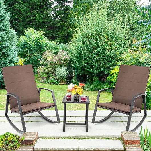 3 Pieces Patio Rattan Rocking Furniture Set-Brown-2