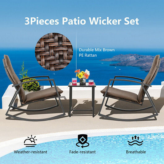 3 Pieces Patio Rattan Rocking Furniture Set-Brown-4