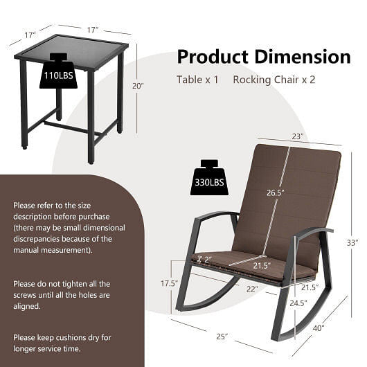 3 Pieces Patio Rattan Rocking Furniture Set-Brown-5
