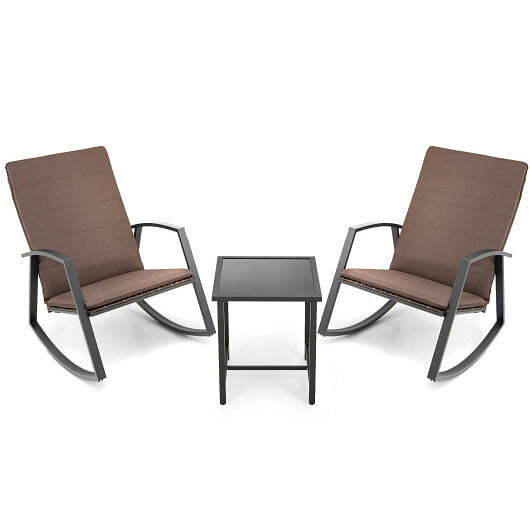 3 Pieces Patio Rattan Rocking Furniture Set-Brown-0