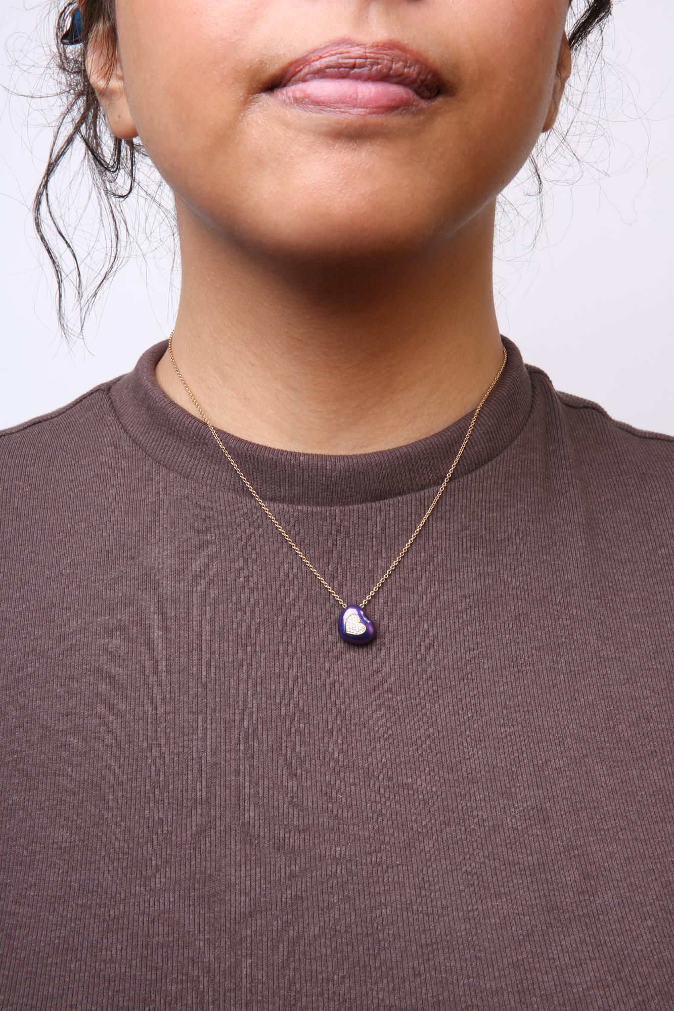 18K Yellow Gold Blue Enamel 1/10 Cttw Round Pave Diamonds Heart Shape 18" Pendant Necklace  (G-H Color, SI1-SI2 Clarity) - Adjustable up to 16" - 18"-2