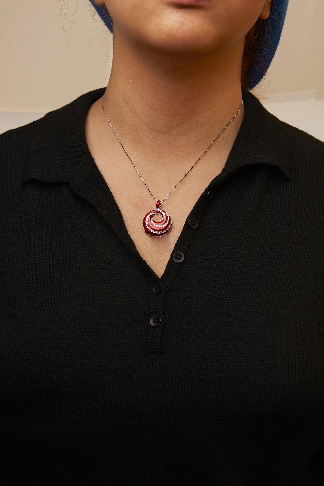 .925 Sterling Silver Red Enamel and 1/2 Diamond Endless Swirl Medallion 18" Pendant Necklace (F-G Color, VS1-VS2 Clarity)-2