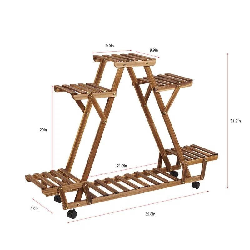 Indoor Outdoor Solid Wood Triangular Multi-Tier Plant Stand with Locking Wheels-4