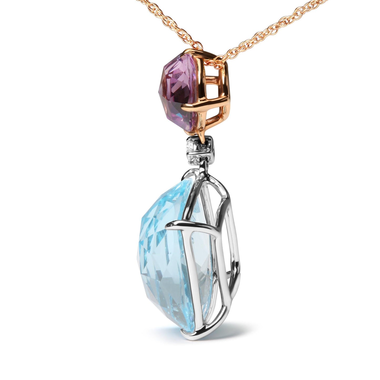 18K White and Rose Gold Round Diamond Accent and Round Rose De France Pink Amethyst and Cushion Cut Sky Blue Topaz Dangle Drop 18" Pendant Necklace (G-H Color, SI1-SI2 Clarity)-3