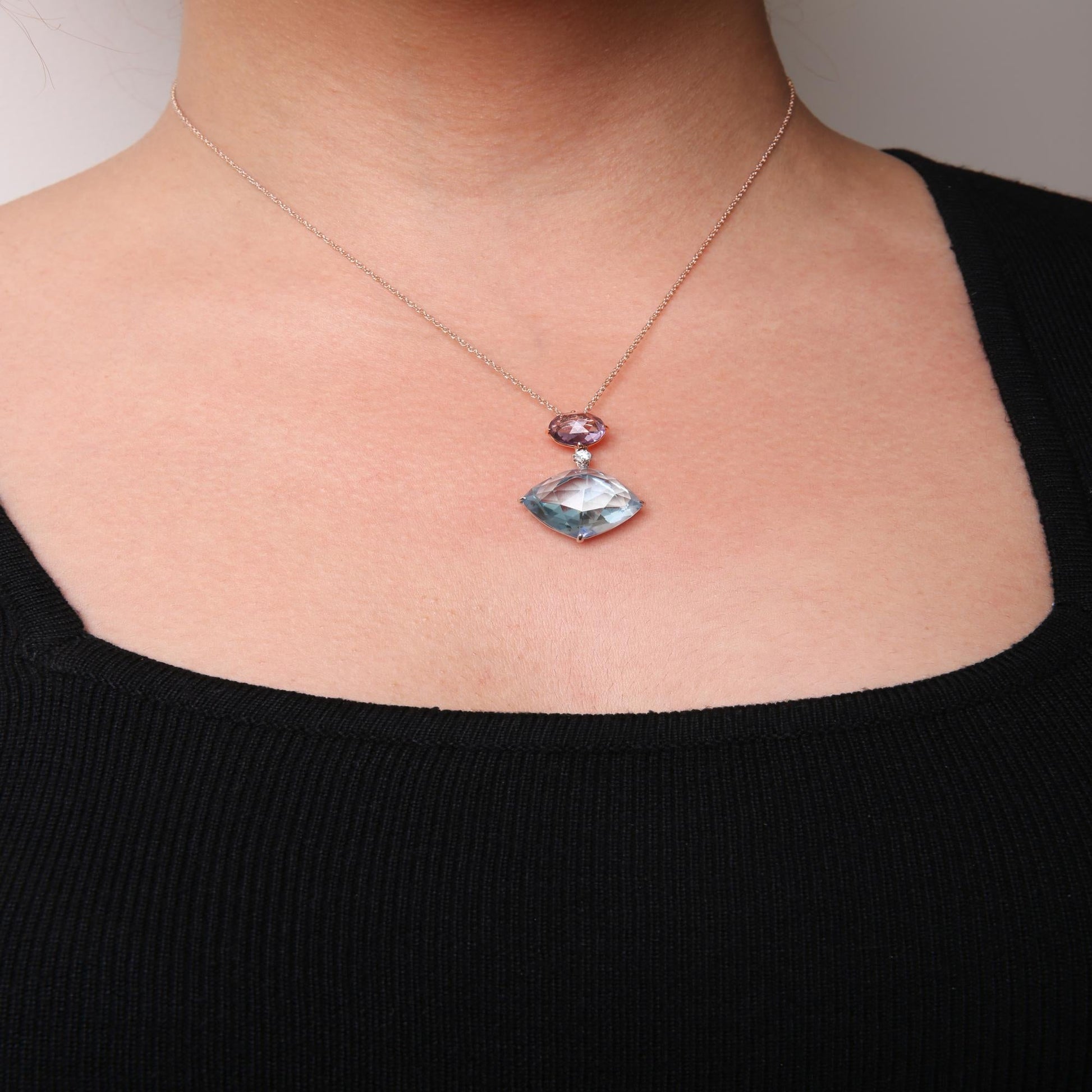 18K White and Rose Gold Round Diamond Accent and Round Rose De France Pink Amethyst and Cushion Cut Sky Blue Topaz Dangle Drop 18" Pendant Necklace (G-H Color, SI1-SI2 Clarity)-2