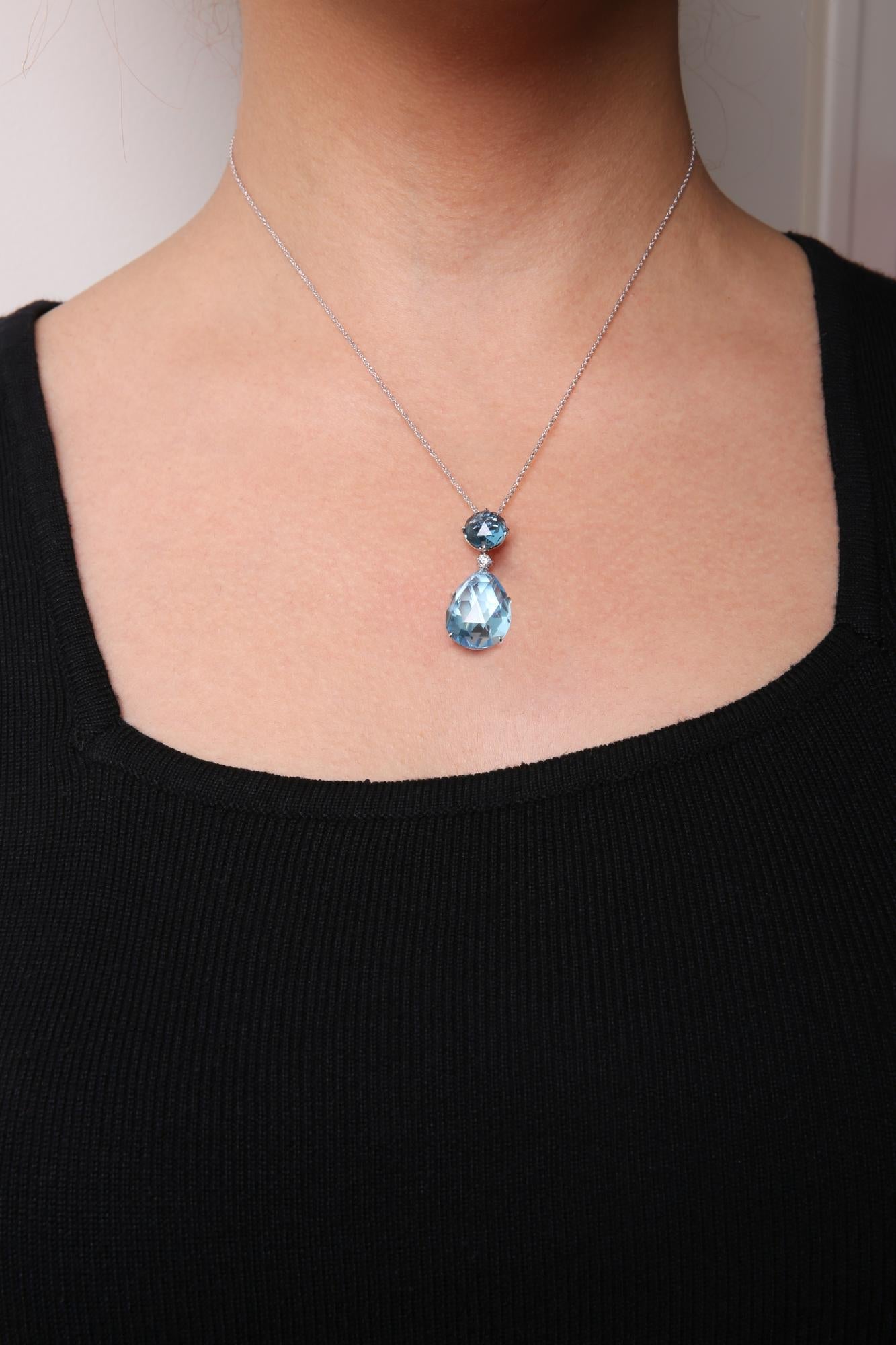 18K White Gold Diamond Accent and Round London Blue Topaz and Pear Cut Sky Blue Topaz Dangle Drop 18" Pendant Necklace (G-H Color, SI1-SI2 Clarity)-2