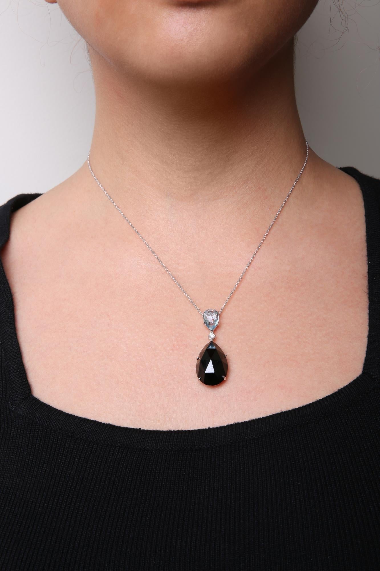 18K White Gold Diamond Accent and Pear Cut Sky Blue Topaz and Pear Cut Black Onyx Dangle Drop 18" Pendant Necklace (G-H Color, SI1-SI2 Clarity)-2