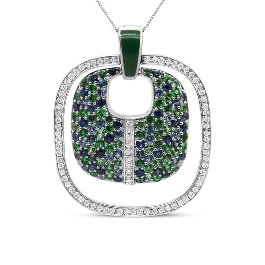 .925 Sterling Silver Green Enamel Pendant with 1/2 Cttw Diamond, Sapphire, and Tsavorite Openwork Statement 18" Pendant Necklace (F-G Color, VS1-VS2 Clarity)-0