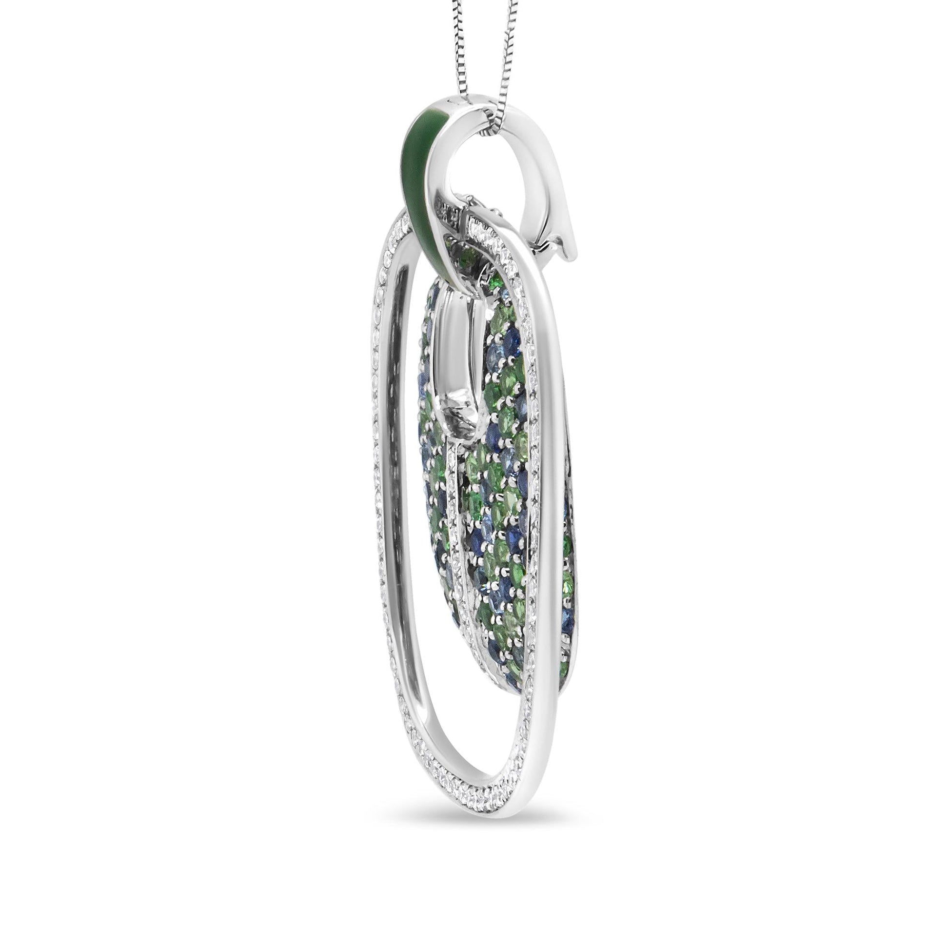 .925 Sterling Silver Green Enamel Pendant with 1/2 Cttw Diamond, Sapphire, and Tsavorite Openwork Statement 18" Pendant Necklace (F-G Color, VS1-VS2 Clarity)-3