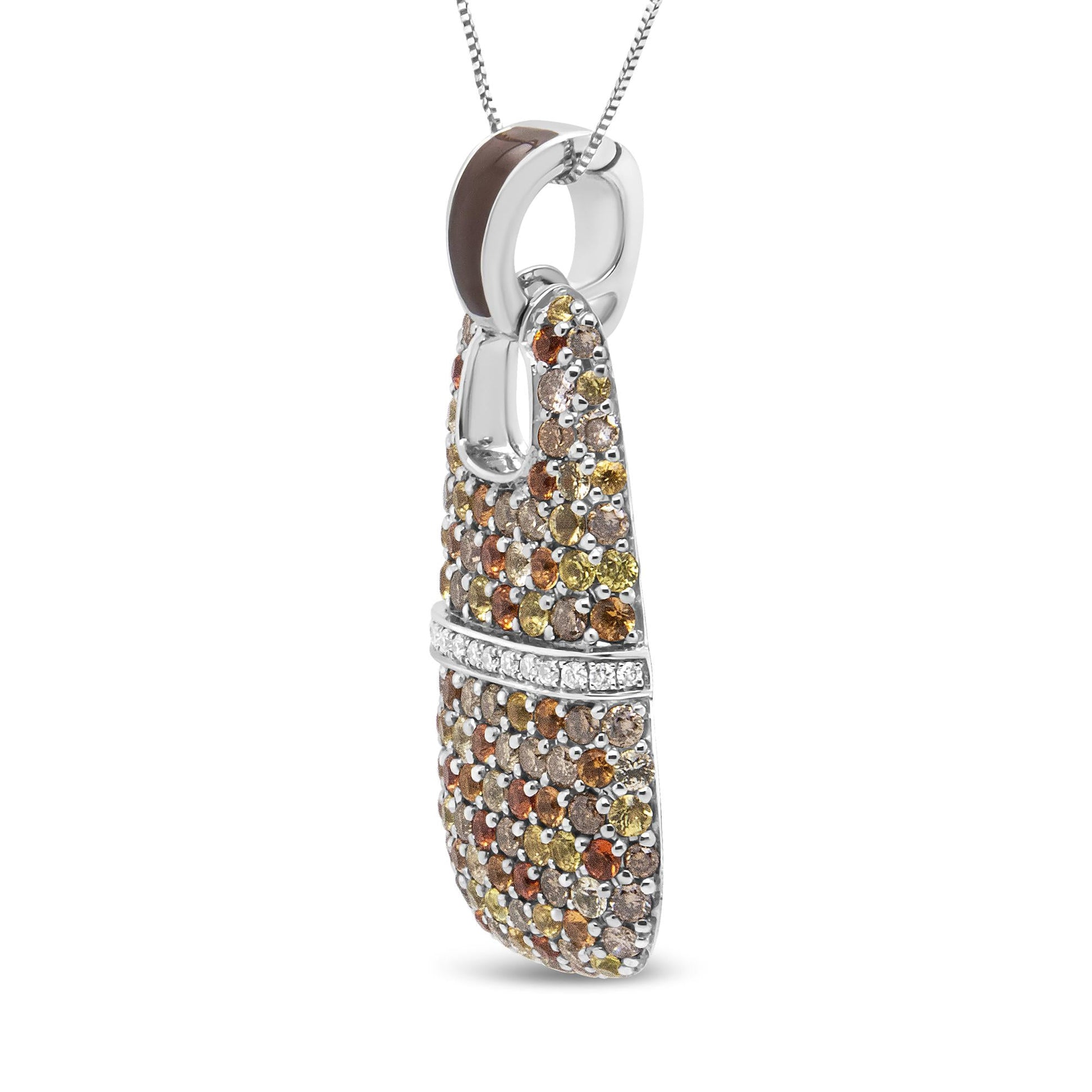 .925 Sterling Silver Brown Enamel 1 Cttw White and Brown Diamonds and  1.5mm Yellow and Orange Sapphire Gemstones Statement 18" Pendant Necklace (Brown and F-G Color, VS1-VS2 Clarity)-3