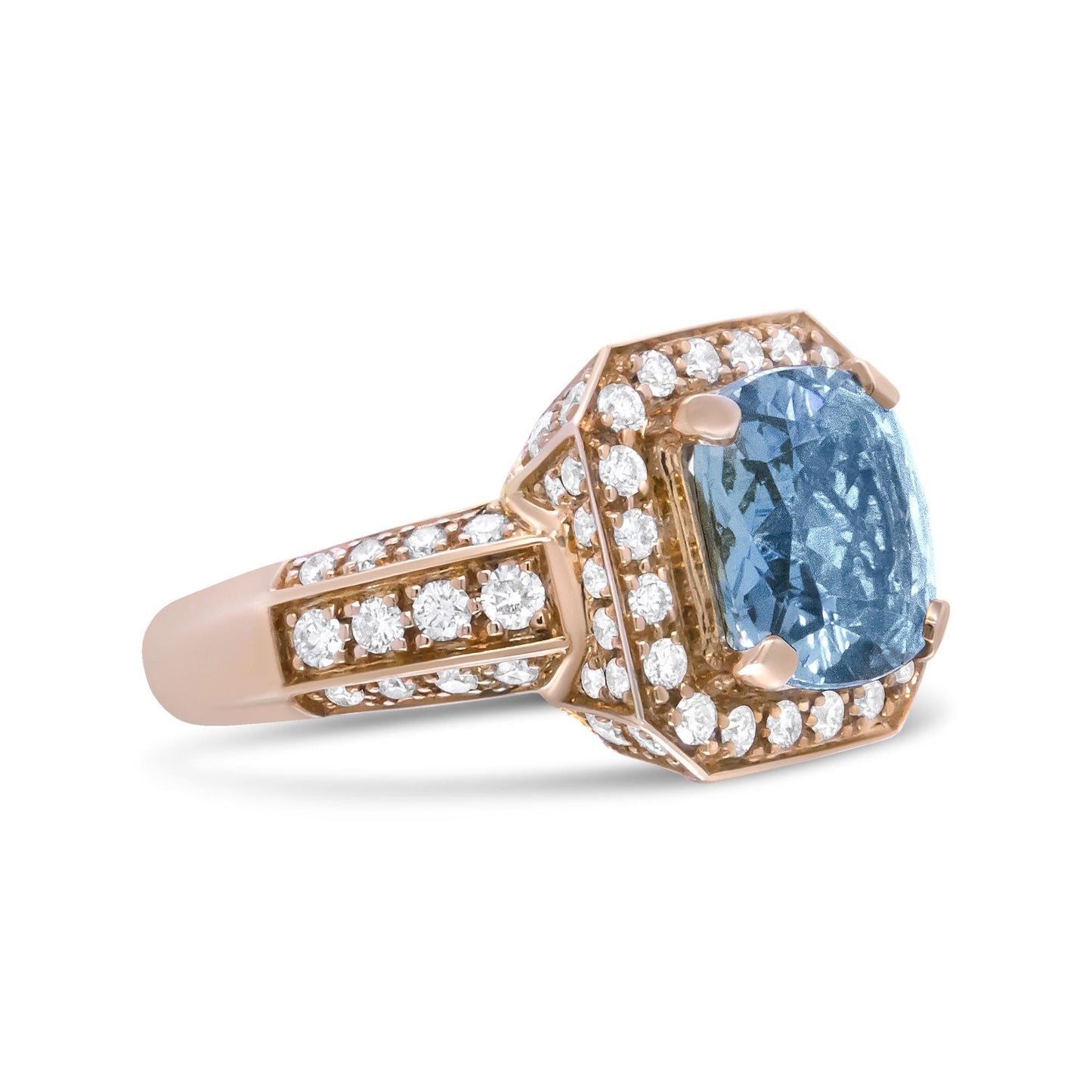 18K Rose Gold 10x10mm Cushion Shaped Aquamarine and 1 1/8 Cttw Round Diamond Halo Ring (F-G Color, VS1-VS2 Clarity)-3
