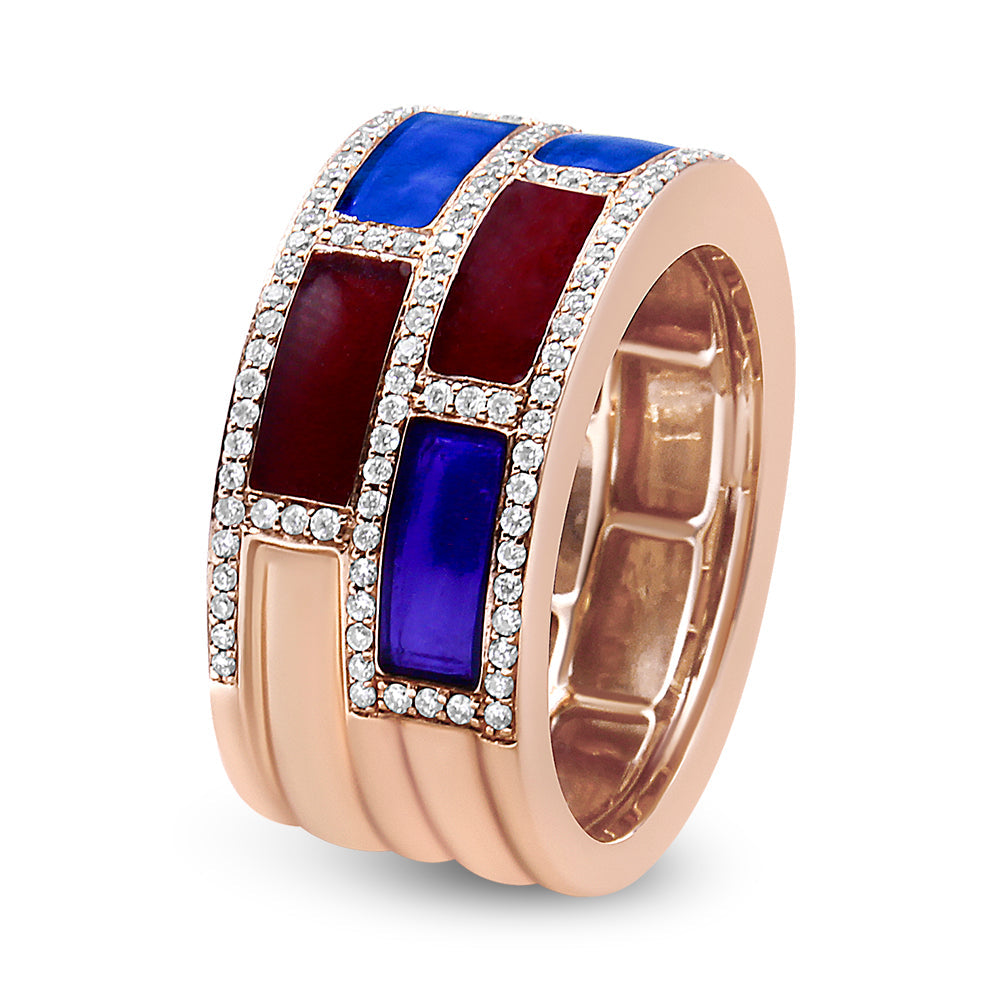 18K Rose Gold Alternating Red and Blue Enamel and 1/2 Cttw Diamond Studded Band Ring (F-G Color, VS1-VS2 Clarity)-3