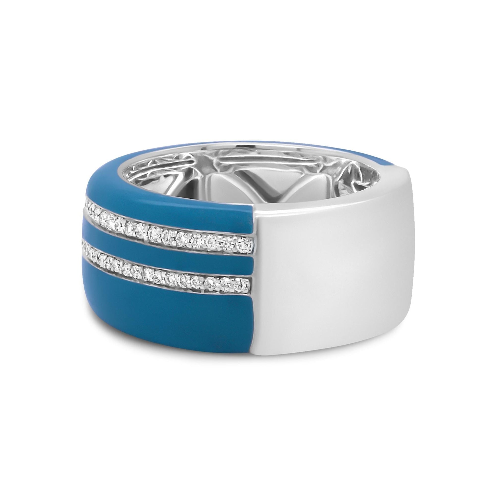 .925 Sterling Silver Turquoise Enamel 5/8 Cttw Round Diamond Wide Band Statement Ring (F-G Color, VS1-VS2 Clarity)-3