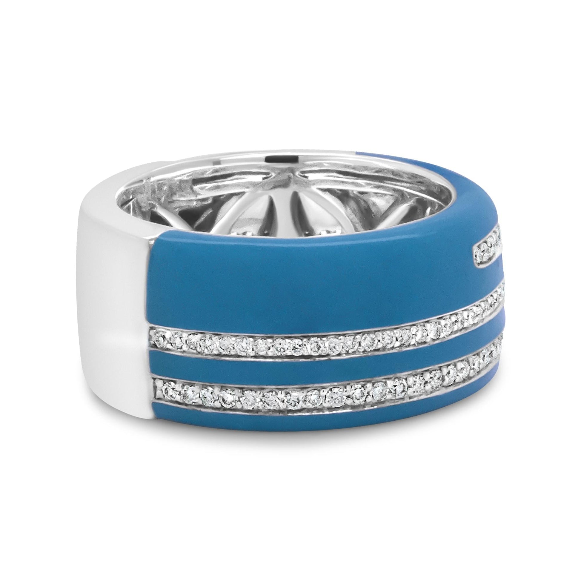 .925 Sterling Silver Turquoise Enamel 5/8 Cttw Round Diamond Wide Band Statement Ring (F-G Color, VS1-VS2 Clarity)-4