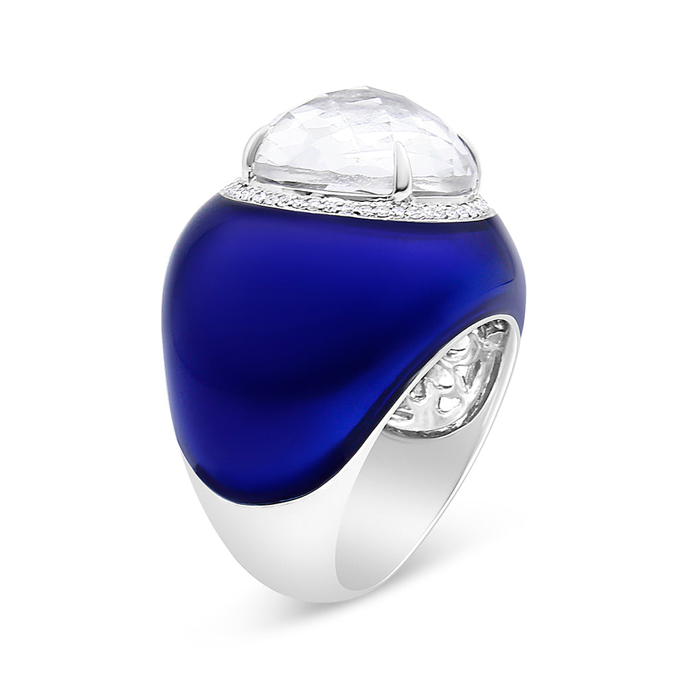 18K White Gold 14mm White Quartz and 1/5 Cttw Diamond Halo with Blue Enamel Dome Ring (F-G Color, VS1-VS2 Clarity)-3