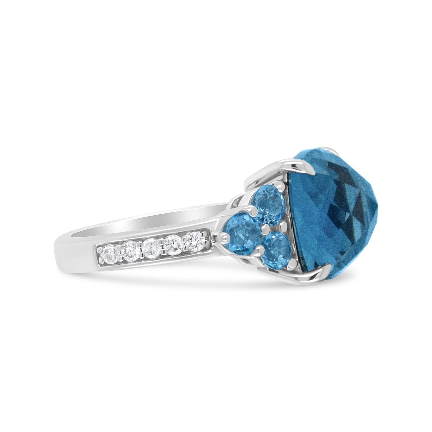 18K White Gold 10mm Cushion Shaped Blue Topaz and 1/6 Cttw Diamond 3 Stone Style Ring (F-G Color, VS1-VS2 Clarity)-3