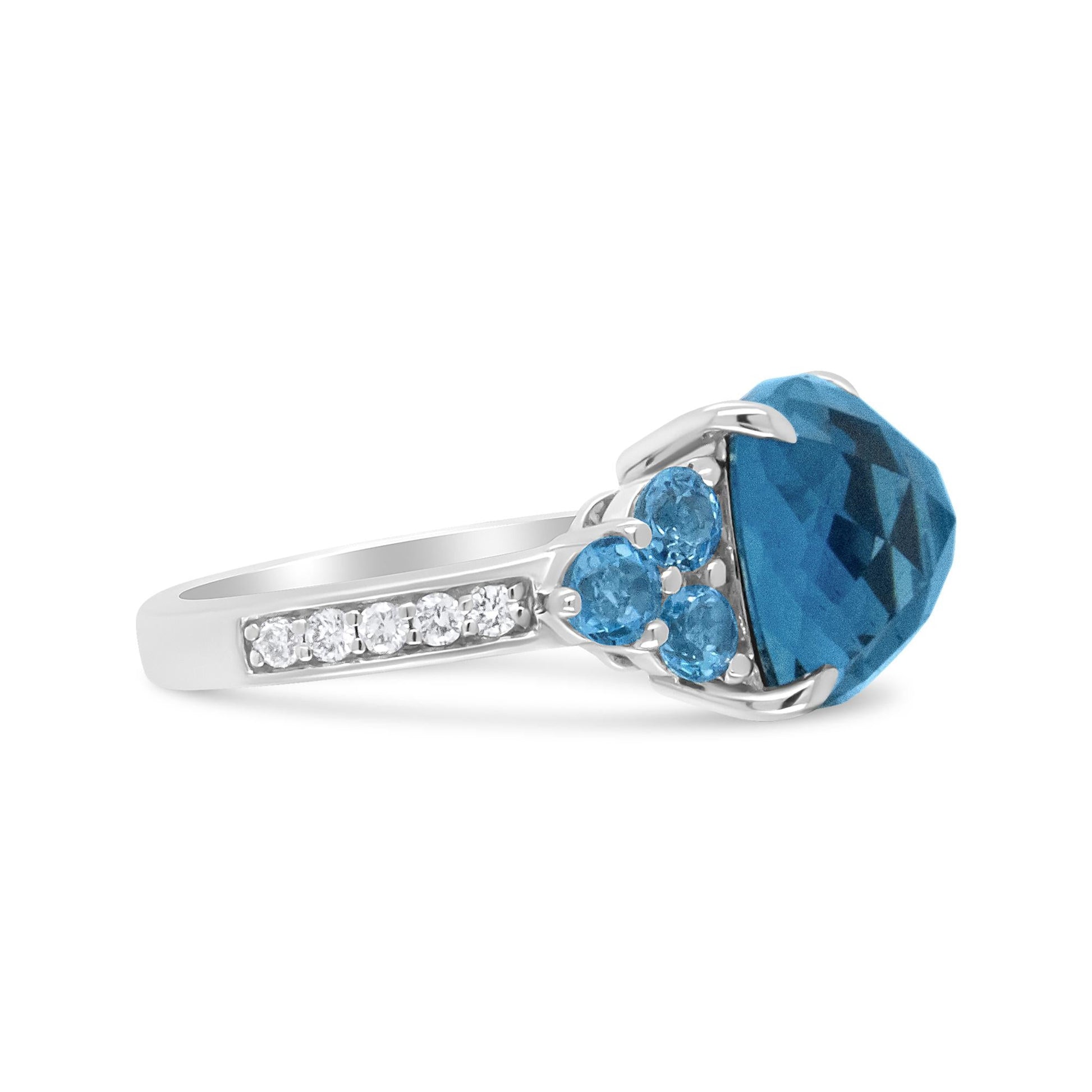 18K White Gold 10mm Cushion Shaped Blue Topaz and 1/6 Cttw Diamond 3 Stone Style Ring (F-G Color, VS1-VS2 Clarity)-3