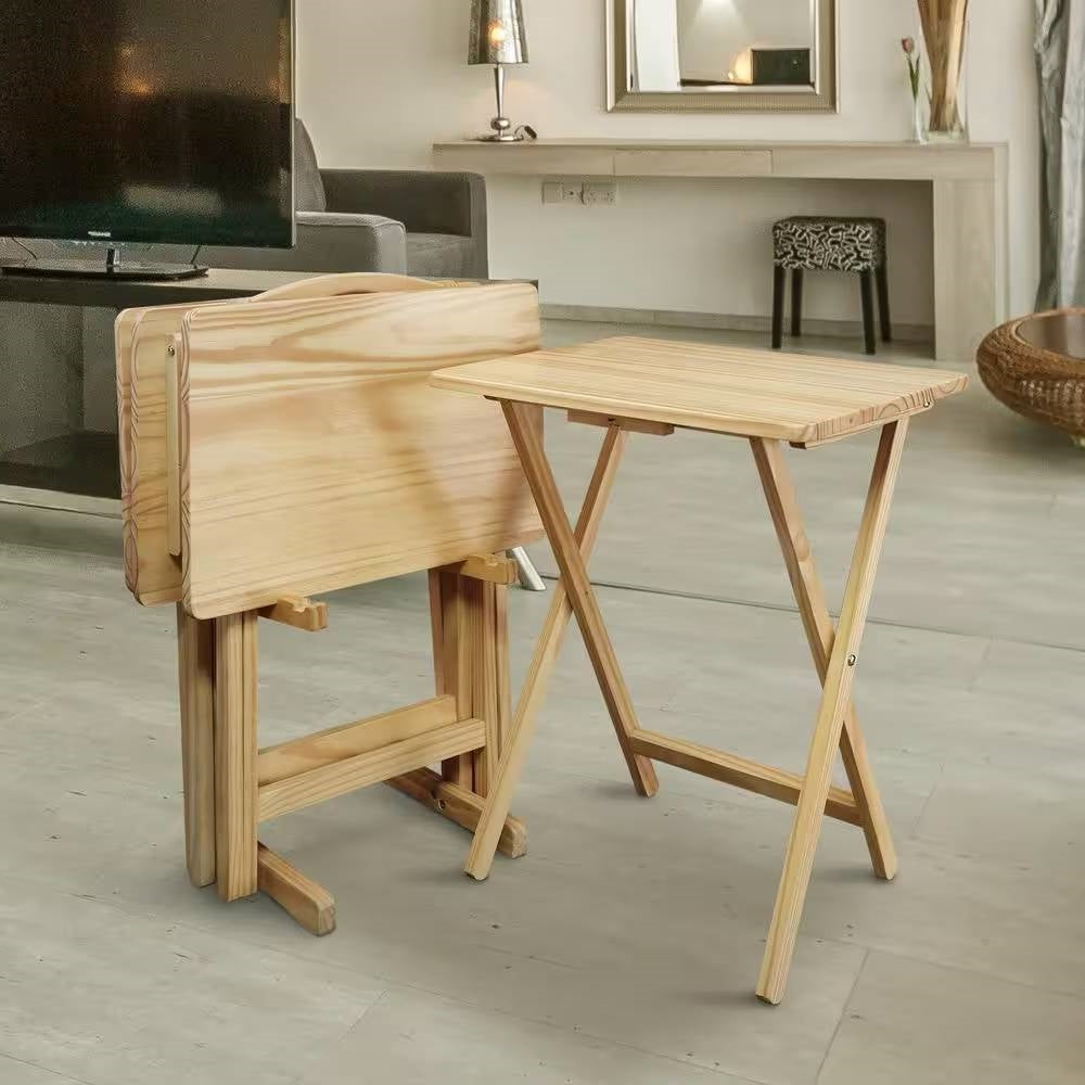 Set of 4 - Solid Wood Folding TV Tray Table Set with Stand in Natural Finish-2