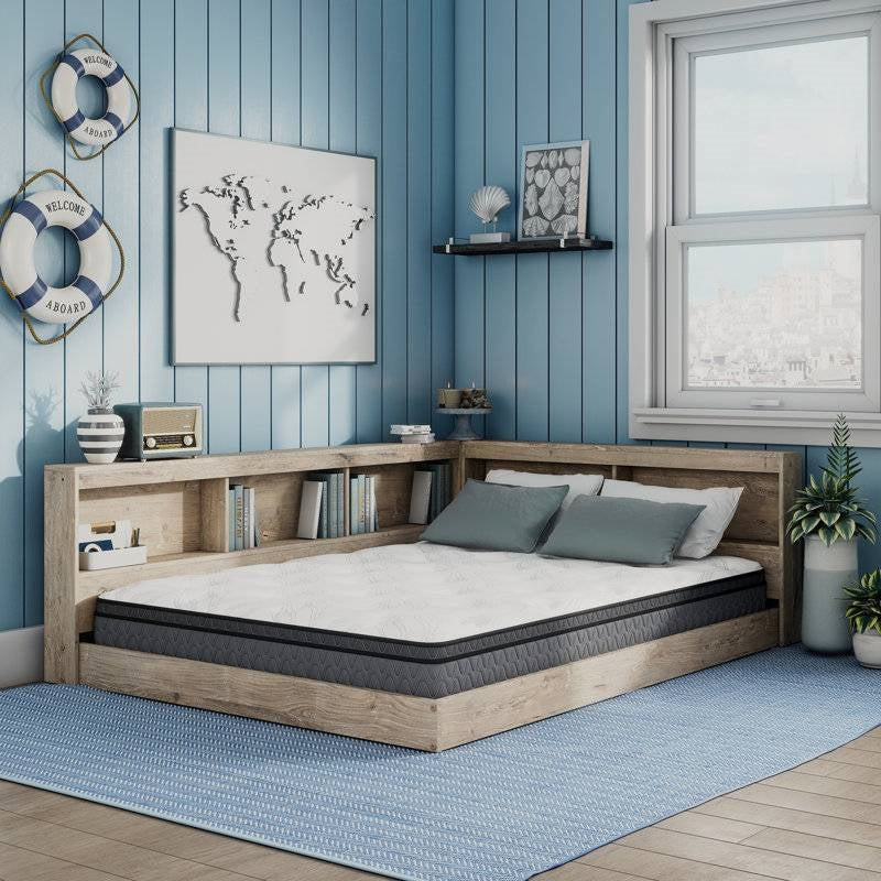 Twin size Natural Wood Corner Storage Bed with Bookcase Headboard and USB Ports-1