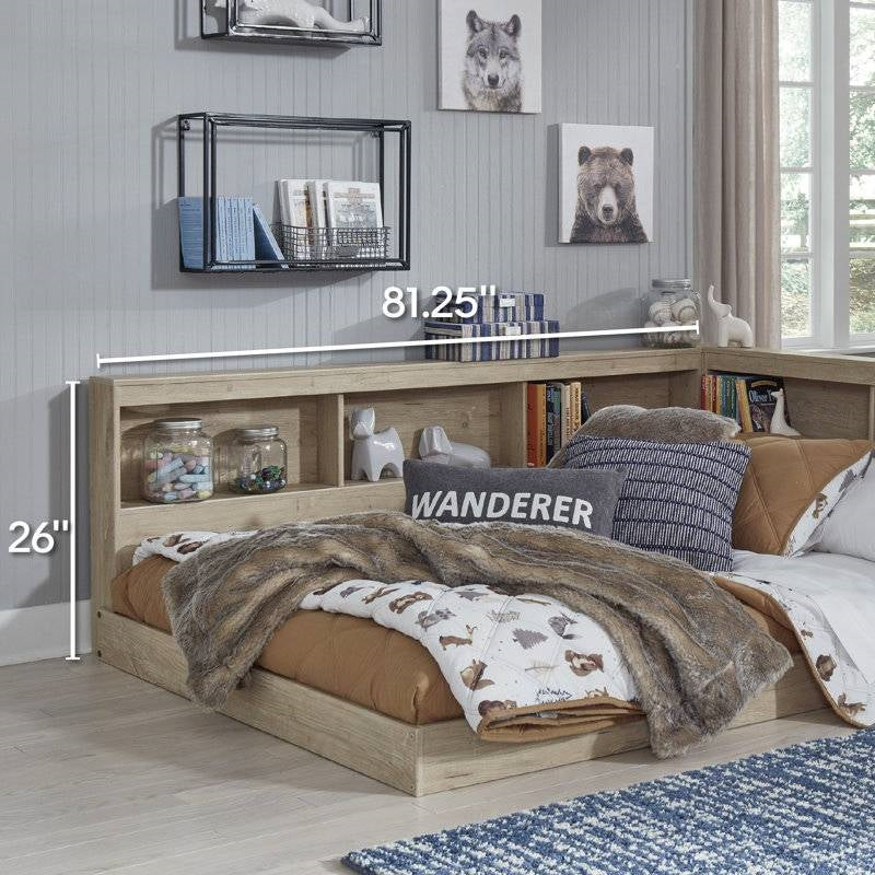 Twin size Natural Wood Corner Storage Bed with Bookcase Headboard and USB Ports-4