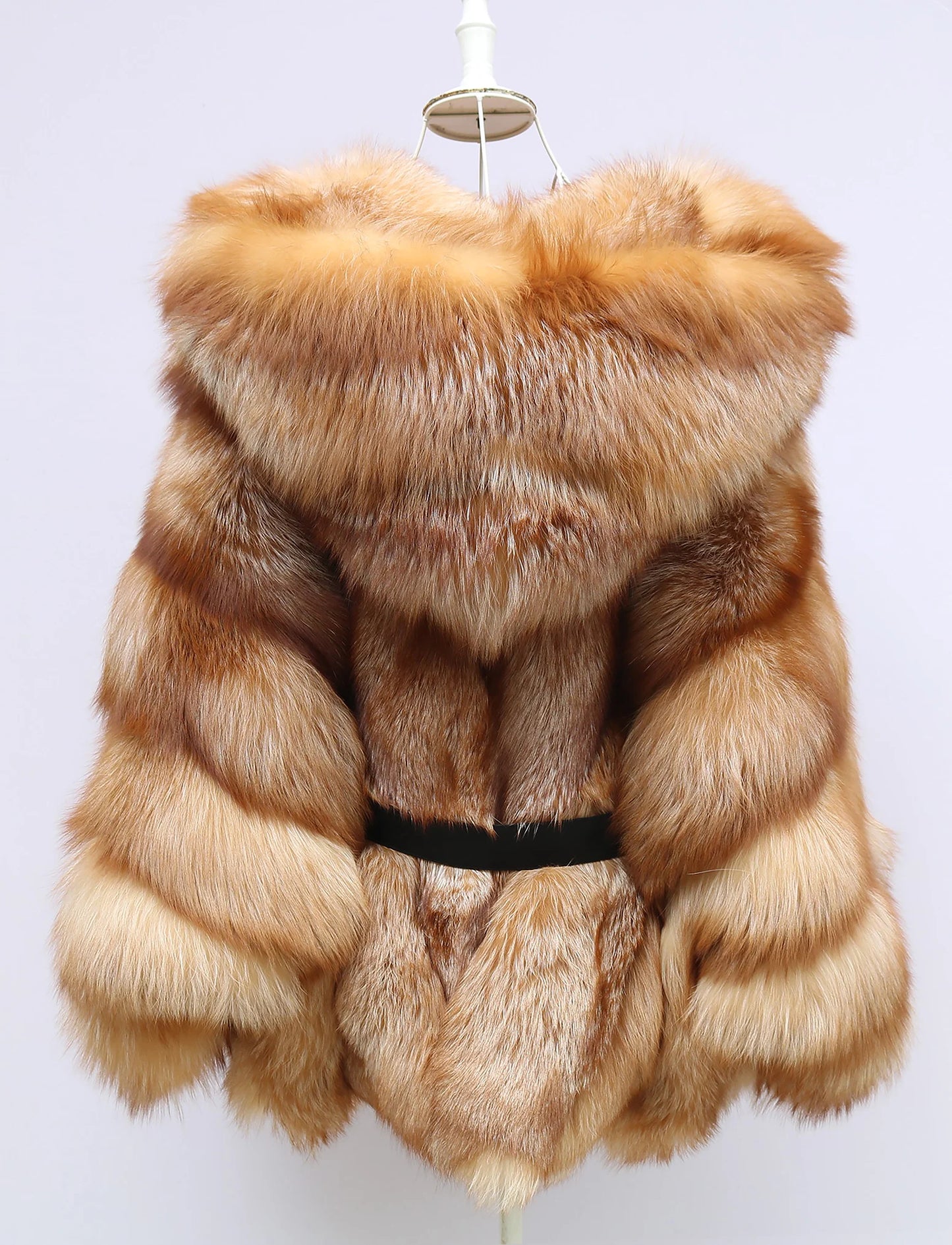 Fur vest with a black belt on a white background. Natural Golden Fox Fur Coat with Batwing Sleeve & Double-Sided